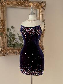 Lovelzi Elegant Luxurious Velvet Black Strapless High Waist Slim-Fit Bodycon Mini Dress With Rhinestone Embellishments,Suitable For Parties,Weddings&Formal - Navy Blue - View 7