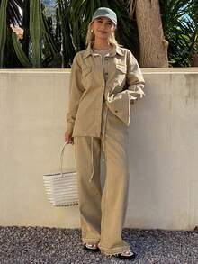 DAZY Women's Casual Denim Jacket And Pants Set, Autumn/Winter - Khaki - View 6