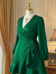 DreamSkyne Satin-Wickelkleid mit Laternenärmeln und Bindung an der Seite - Dunkelgrün - Übersicht 10