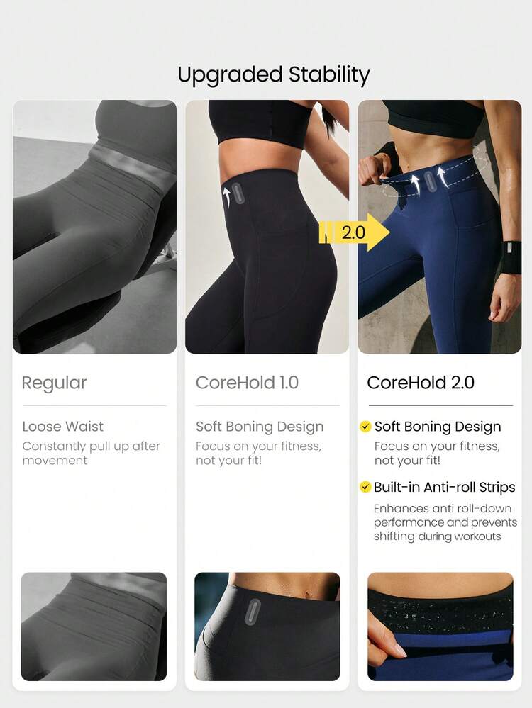 24" FeatherFit™-Sculpt Sweat-O-Clock Compressive Anti-Roll Tummy Control No Front Seam Side Pockets Leggings Low Impact Training Running Workout Gym