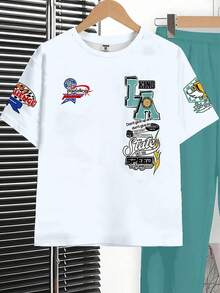 SHEIN 2pcs Tween Boy Casual Y2K Graffiti Letter Print Short Sleeve T-Shirt And Pants Set, Suitable For Spring/Summer - White - View 4