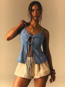 Athîral Women's Casual Vacation Spaghetti Strap Sleeveless Off Shoulder Paisley Blue Lace Up Denim Shirt, Suitable For Going Out, Dating, Commuting, Loose Fit, Blue Washed Denim Top, - Medium Wash - View 4