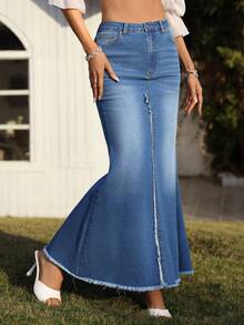 Breezaya 女士夏季度假牛仔美人鱼裙 - 中等水洗藍 - 查看 3