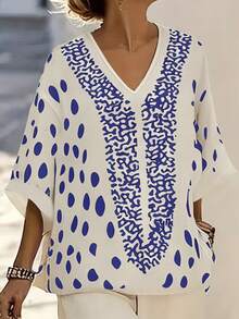 Balvessa Polka Dot Print V-Neck Blouse And Wide Leg Loose Straight Pants Two Pieces Set, Casual Vacation Outfit For Women - Multicolor - View 4