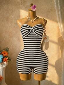 Solea Vida Women's Summer Contrast Stripe Backless Knit Bandeau Jumpsuit - Black and White - View 1