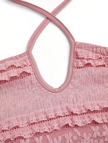 SHEIN LUNE Women's Contrast Lace Multi-Layer Ruffle Hem Elegant Halter Neck Dress - Pink - View 5