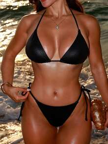 Swim SXY 2件套性感黑色动物纹细肩带露背三角比基尼泳衣，适合春夏海滩穿着 - 黑色 - 查看 4