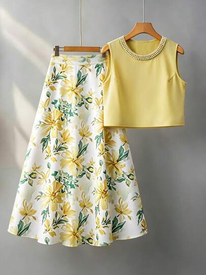 GlowEve CURVE Plus Size Women Solid Color Faux Pearl Decor Round Neck Tank Top And Floral Print Midi Skirt Elegant 2 Pieces Set