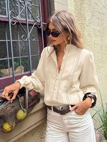 Serisse Women's Vacation Embroidered Hollow Out Single-Breasted Long Sleeve Casual Shirt - Apricot - View 7