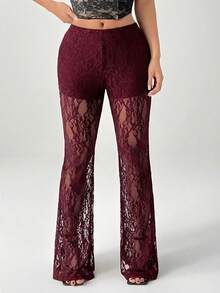 SHEIN PETITE Quần ống loe cạp cao bằng ren dành cho nữ, thích hợp cho kỳ nghỉ. - Màu Đỏ Sâu - Xem 7