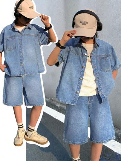 两件套青少年男童时尚休闲复古酷炫街头宽松舒适简约蓝色牛仔衬衫短袖上衣和宽松舒适牛仔短裤，适合儿童日常穿着、春夏派对、节日和街头服饰。