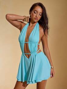 SHEIN BAE 女士性感V领A字迷你连衣裙，适合与朋友外出、休闲度假、海滩度假，时尚性感，Y2K风格，音乐节，春夏装扮 - 水鴨藍 - 查看 4