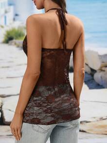 SHEIN Holidaya Women's Lace V-Neck Blouse, Suitable For Summer Vacation, Dates, And Outings - Coffee Brown - View 2