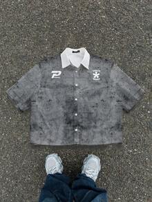 Manfinity Roghcode Plus Size Boxy Cropped Street Loose Cement Gray Campus Logo Print Short Sleeve Shirt - Multicolor - View 5