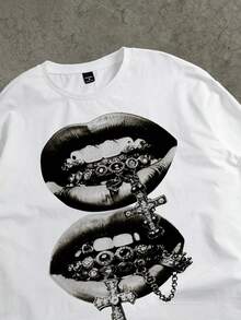 Manfinity ZONE917 宽松短款做旧灰色街头风唇形宝石牙齿十字印花白色长袖T恤，适合春夏穿着，送给男友或自己的趣味礼物 - 白色 - 查看 2