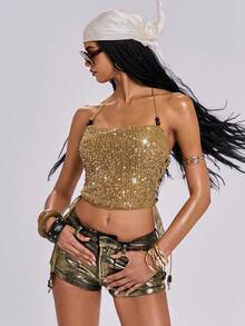 ROMWE Country Spring/Summer Avant-Garde Vacation Sexy Y2K Subculture Sequin Crochet Women Camisole - Mocha Brown - View 6