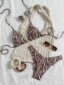 Swim Vcay Swim Mod 夏季两件式泳衣，可调节肩带随机印花上衣和高腰泳裤，夏季沙滩度假比基尼套装 - 彩色 - 查看 1
