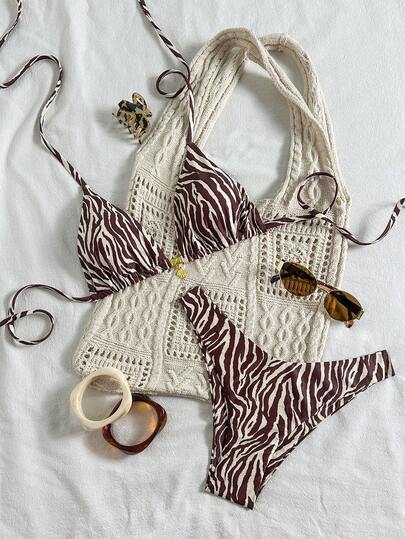 Swim Vcay Swim Mod Summer 2 Pieces Swimwear, Adjustable Strap Random Print Top And High Cut Bottoms, Summer Beach Vacation Bikini Set Boho Bikini Brown Bikini Animal Print Bikini Zebra Print Bikini