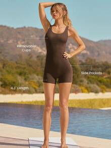 GLOWMODE 4.3" FeatherFit™ Sculpt & Flow Buttery-Soft Sweat-Wicking Stretchy Tummy Control Removable Cups Side Pockets U-Back Bodysuit Romper Low Impact Yoga Pilates Studio Gym Workout Daily Wear - Brown - View 3