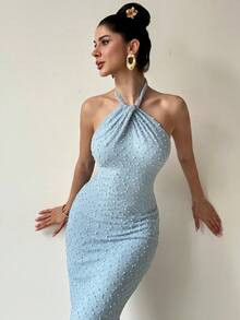 Firerie 女士优雅婚礼季派对连衣裙，蓝色纹理收腰紧身修身长裙，露背吊带修身连衣裙，适合度假、下午茶、海滩等场合。 - 淺藍色 - 查看 3