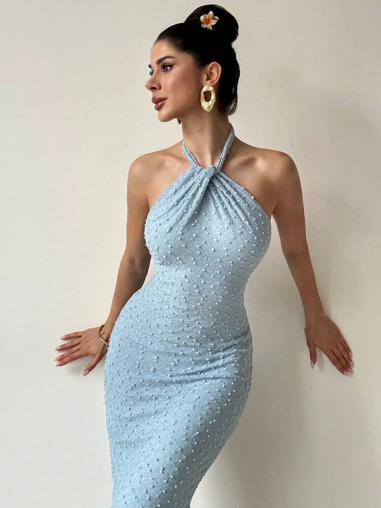 Firerie Elegantes Damen Hochzeitssaison Partykleid, blau strukturiertes taillenschmeichelndes figurbetontes langes Kleid, Neckholder rückenfreies anliegendes Kleid, geeignet für Urlaub, Nachmittagstee, Strandoutfit - Babyblau - Übersicht 9