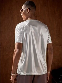 AKNOTIC 男士纯色圆领休闲百搭针织短袖T恤 - 銀色 - 查看 5