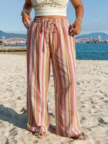 SHEIN EZwear 大码女式休闲沙滩度假撞色条纹印花抽绳腰侧口袋阔腿裤，春夏秋季 - 彩色 - 查看 2