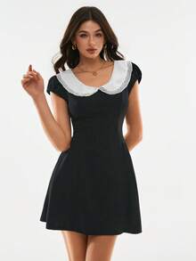 Poéselle Vestido de moda con cuello Peter Pan y mangas cortas de color contrastante para mujer, vestido negro, atuendos de trabajo para mujer, vestidos de vacaciones, vestidos elegantes para mujer, vestidos casuales para mujer, atuendos de vacaciones para mujer, estilo campestre para mujer, perfecto para vacaciones, viajes, fines de semana y uso en el té, vestido de primavera/verano con estilo preppy para mujer, vestido con cuello Peter Pan, vestido de estilo francés, vestido de marinero para mujer - Blanco - Ver 7