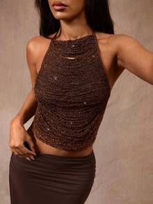 Opulessa 手工不对称钩针上衣，饰以金线，适合夏季穿着，也适合度假、派对和海滩度假。 - 咖啡棕 - 查看 1