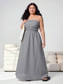 SHEIN EZwear 大码女士休闲格子无肩带连衣裙，春夏款 - 彩色 - 查看 6