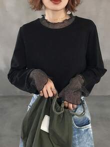 FRIFUL Áo thun dáng rộng, thoải mái, đa năng, phối màu trơn, chấm bi, chất liệu lưới xuyên thấu. - màu đen - Xem 4