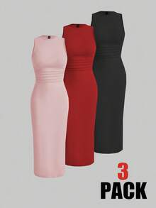 Olithes 夏季休闲优雅音乐会商务约会旅行度假圆领褶皱腰身修身无袖长裙 - 彩色 - 查看 9