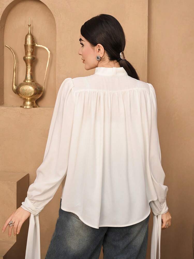 Women's Casual Solid Color Tie-Up Pleated Blouse, Spring/Summer