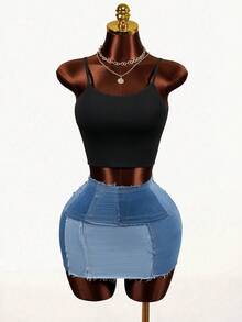 Mistrie Women's Frayed Hem Casual Denim Pencil Skirt - Blue - View 1