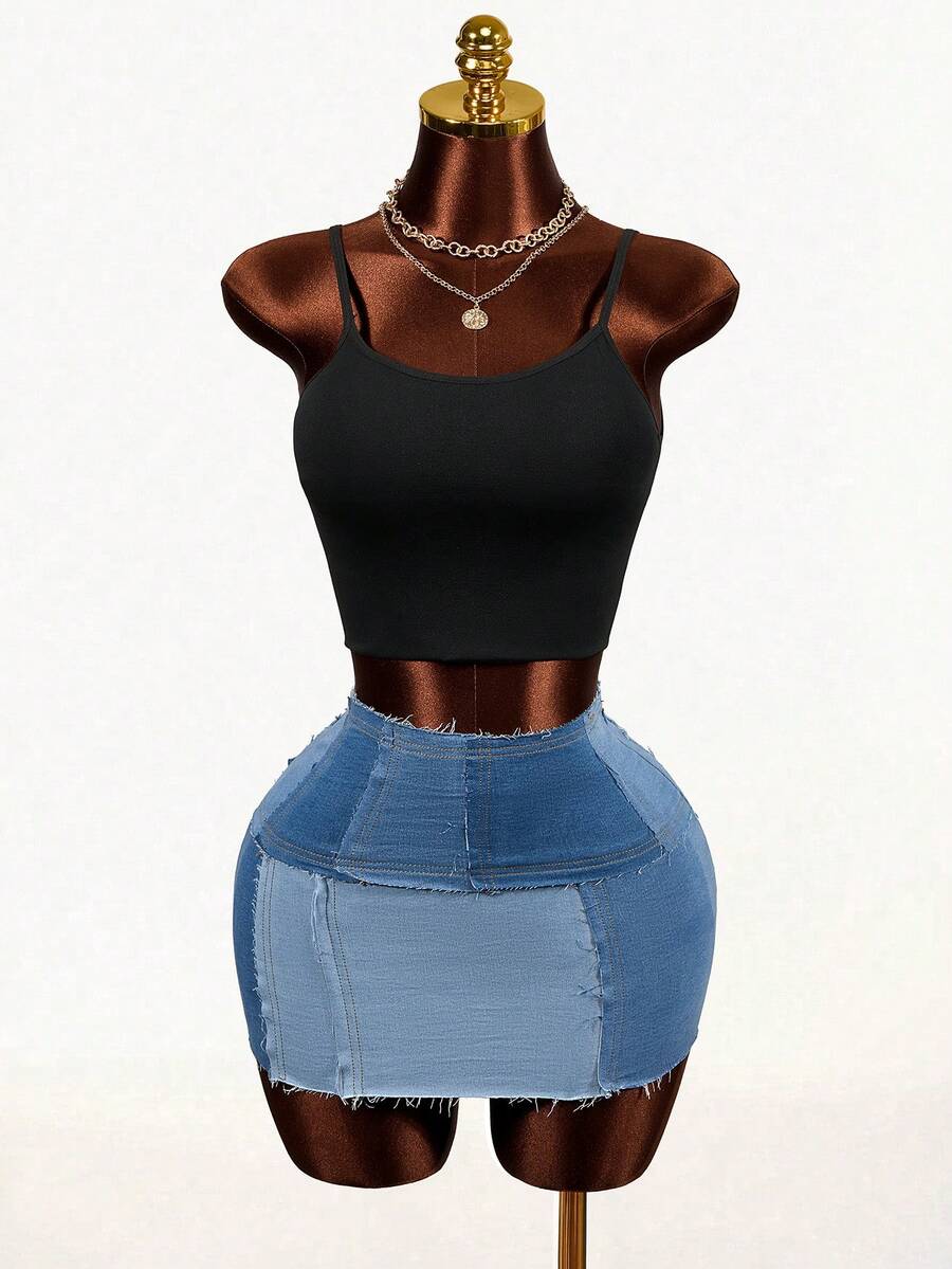 Mistrie Women's Frayed Hem Casual Denim Pencil Skirt - Blue - View 1