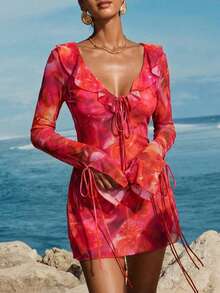 Opulessa Áo khoác ngoài đi biển dành cho nữ, in họa tiết tie-dye, viền bèo nhún. - Nhiều màu - Xem 8