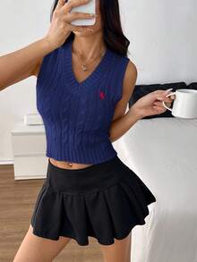 SHEIN PETITE 女式休闲马匹图案粗针织V领毛衣背心，秋季 - 藏蓝色 - 查看 7
