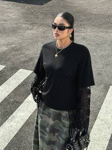 Muchica 2026春夏大码女式圆领撞色蕾丝长袖T恤，适合外出、返校、街头风、Y2K风格。 - 黑色 - 查看 4