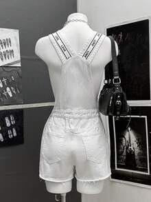 SHEIN HypeZone Y2K Fashion Casual Woven Strap White Denim Bib Shorts - White - View 2