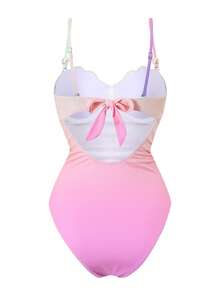 Swim Oasis Spring/Summer Gradient Color Block Shell Design Adjustable Dual Strap Fitted Ruched Side Slit Bodycon Skirt High Fashion Women Swimsuit 2-Piece Set - Multicolor - View 4