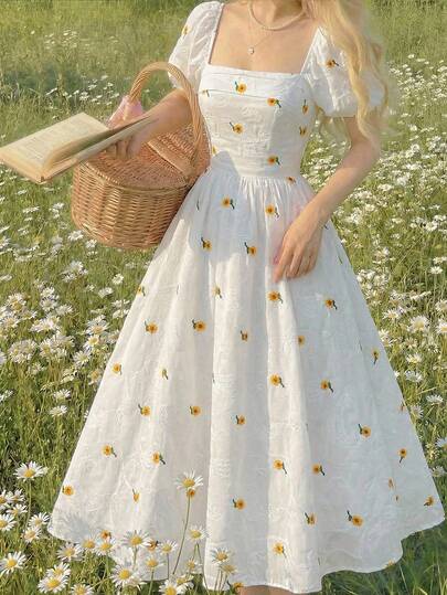 SHEIN MOD Đầm midi tay phồng, xếp ly ngực, eo thon