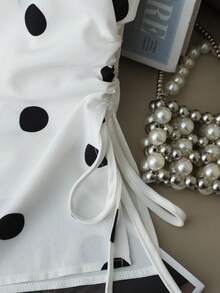 Franclia 女士新款波点V领宽松侧褶皱休闲衬衫，适合外出、度假、日常穿着、通勤、节日和约会，春夏款 - 黑與白 - 查看 5