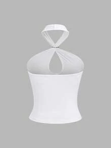 Sweetra Sexy Halter Neck Solid Color Metal Decor Fitted Crop Top, Chic And Stylish For Women - White - View 2