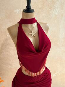 Soleia 春夏新款休闲度假西部海滩婚礼宾客礼服毕业早午餐女士套装，圣帕特里克节春假复活节音乐节优雅波西米亚热带风情露背蝴蝶结系带情人节婚礼季串珠流苏亮片两件套飘逸性感深V领酒红色针织女士套装 - 酒紅色 - 查看 4