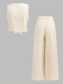 少女休闲条纹无袖上衣短裤两件套，返校季，夏季 - 卡其色 - 查看 9