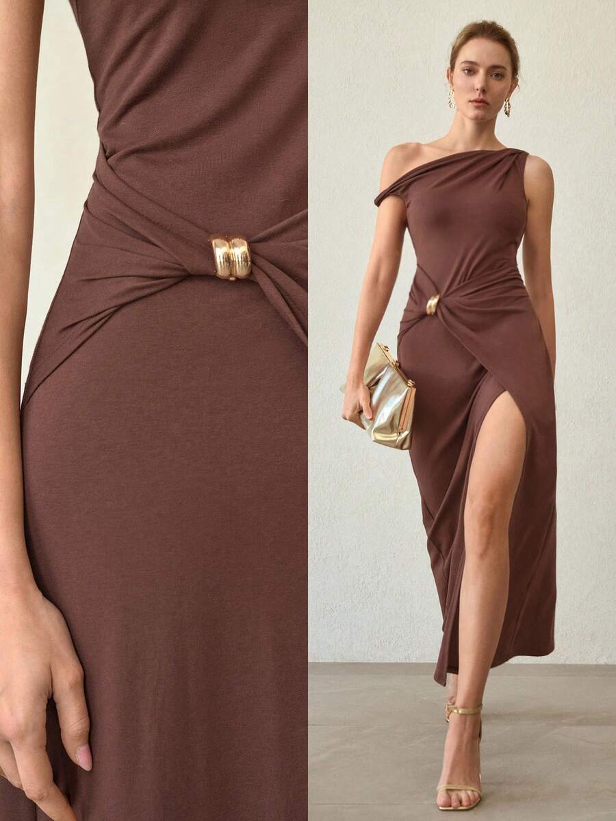 MOTF PREMIUM ELEGANT RUCHED TWIST ASYMMETRICAL SHOULDER SPLIT THIGH DRESS, SPRING/SUMMER - Coffee - View 1