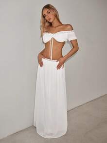 SHEIN ICON Bộ đồ hai mảnh áo trễ vai và chân váy màu trơn dành cho nữ, thời trang mặc hàng ngày. - trắng - Xem 6
