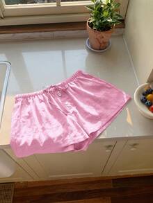 Comfortcana Pantalones cortos casuales sueltos con textura y cordones en color rosa claro para mujer - Rosa Pálido - Ver 4
