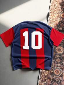 Aesthetic Post Retro Streetwear, Barcelona Spotify Logo & Badge Embroidery, Men's Red & Blue Striped Short Sleeve Soccer Jersey T-Shirt - Multicolor - View 4