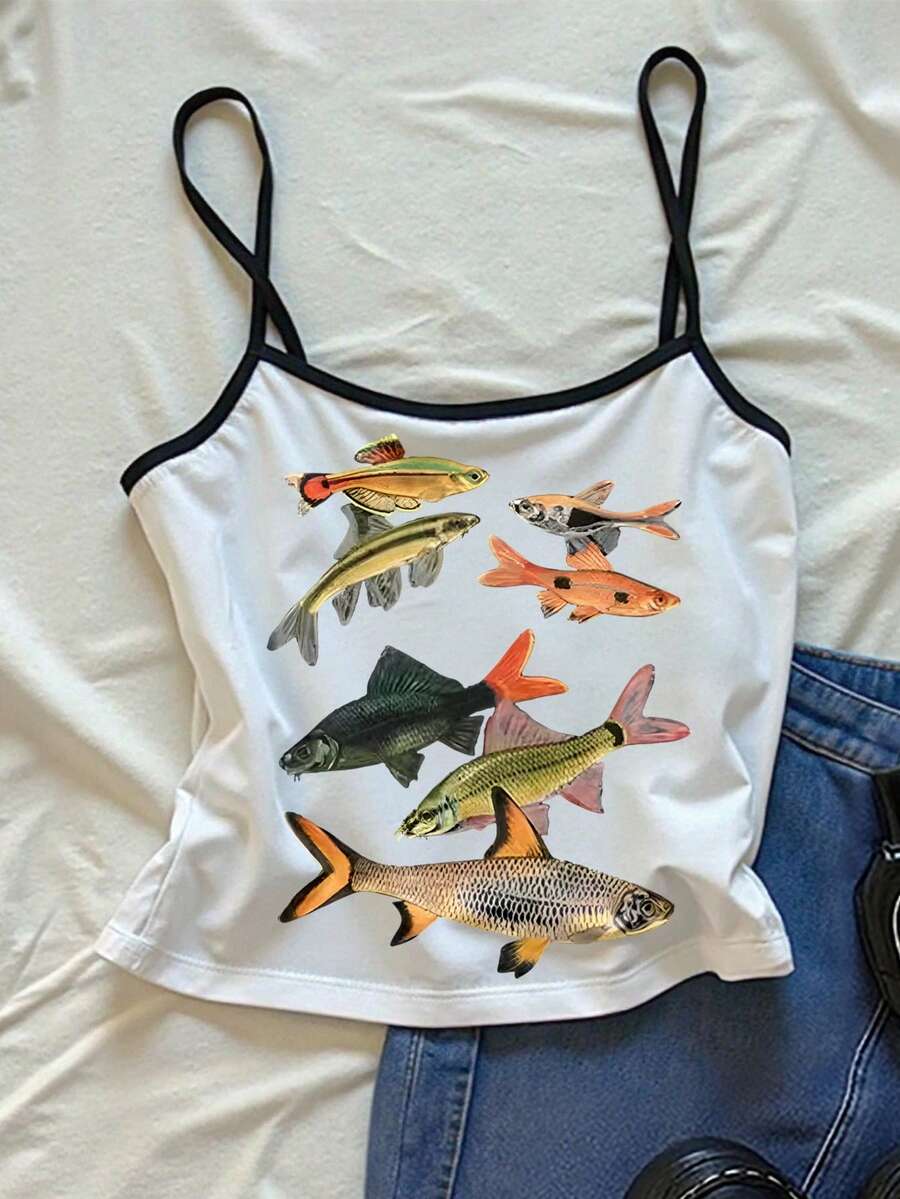 INAWLY 女士鱼纹印花休闲复古风吊带背心，Y2K风格，2000年代风格 - 白色 - 查看 1